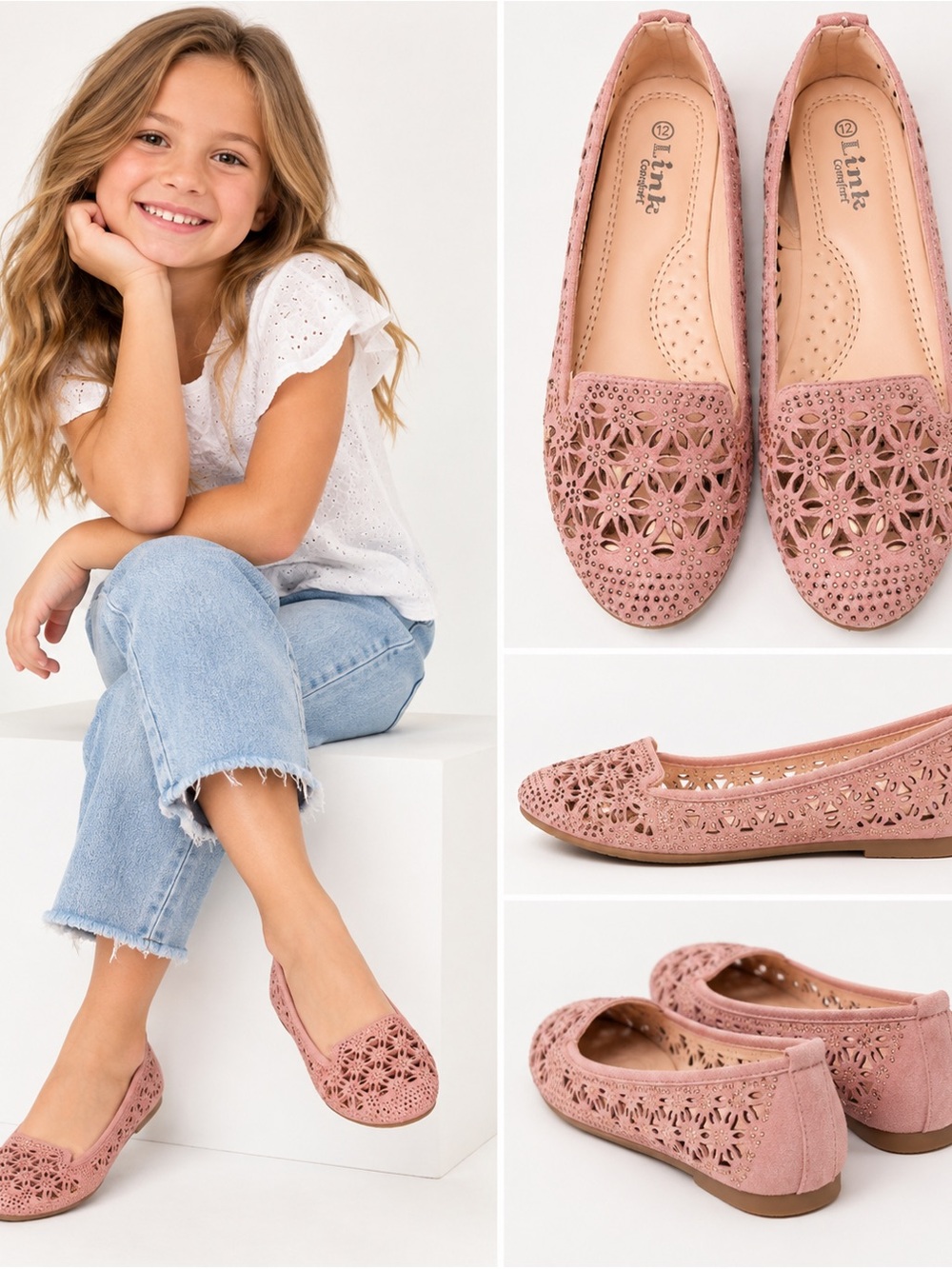 Girls Link Comfort Pink Laser Cut Ballet Flats Size 12 | Like New